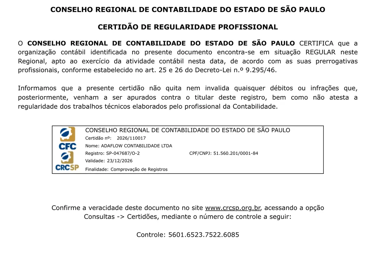 Certidão de Regularidade Profissional emitida pelo Conselho Regional de Contabilidade do Estado de São Paulo: ADAFLOW CONTABILIDADE LTDA, registro SP-047687/O-2, CNPJ 51.560.201/0001-84, certidão nº 2026/110017, válida até 23/12/2026. Abre o PDF em nova aba.